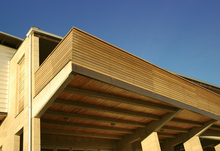 Corner of balcony as seen from below